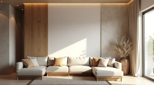 Intérieur moderne avec murs habillés de divers matériaux alternatifs à la peinture blanche, affichant textures et couleurs variées