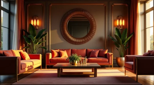 Visuel artistique illustrant une ambiance sophistiquée Art déco dans un intérieur moderne, lumière dorée, objets géométriques, matériaux nobles.