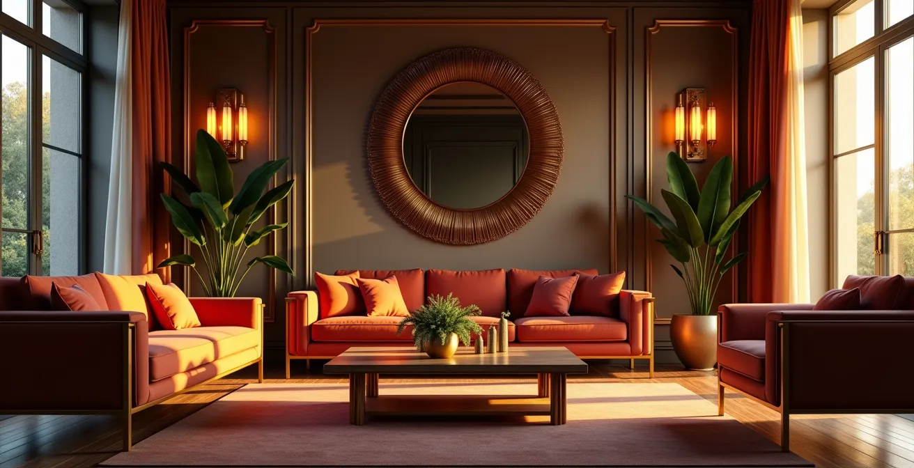Visuel artistique illustrant une ambiance sophistiquée Art déco dans un intérieur moderne, lumière dorée, objets géométriques, matériaux nobles.