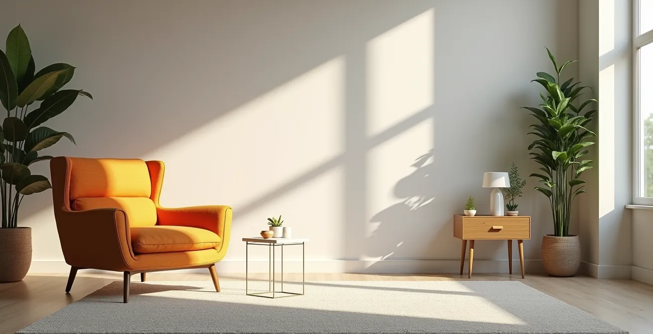 Salon moderne avec asymétrie contrôlée mettant en valeur des éléments décoratifs de tailles et couleurs différentes équilibrés visuellement