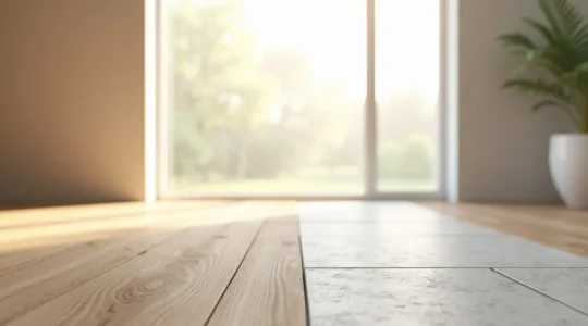 Composition visuelle opposant un parquet en chene clair et une pierre naturelle grise, symbolisant le duel esthetique entre deux materiaux nobles pour l'interieur