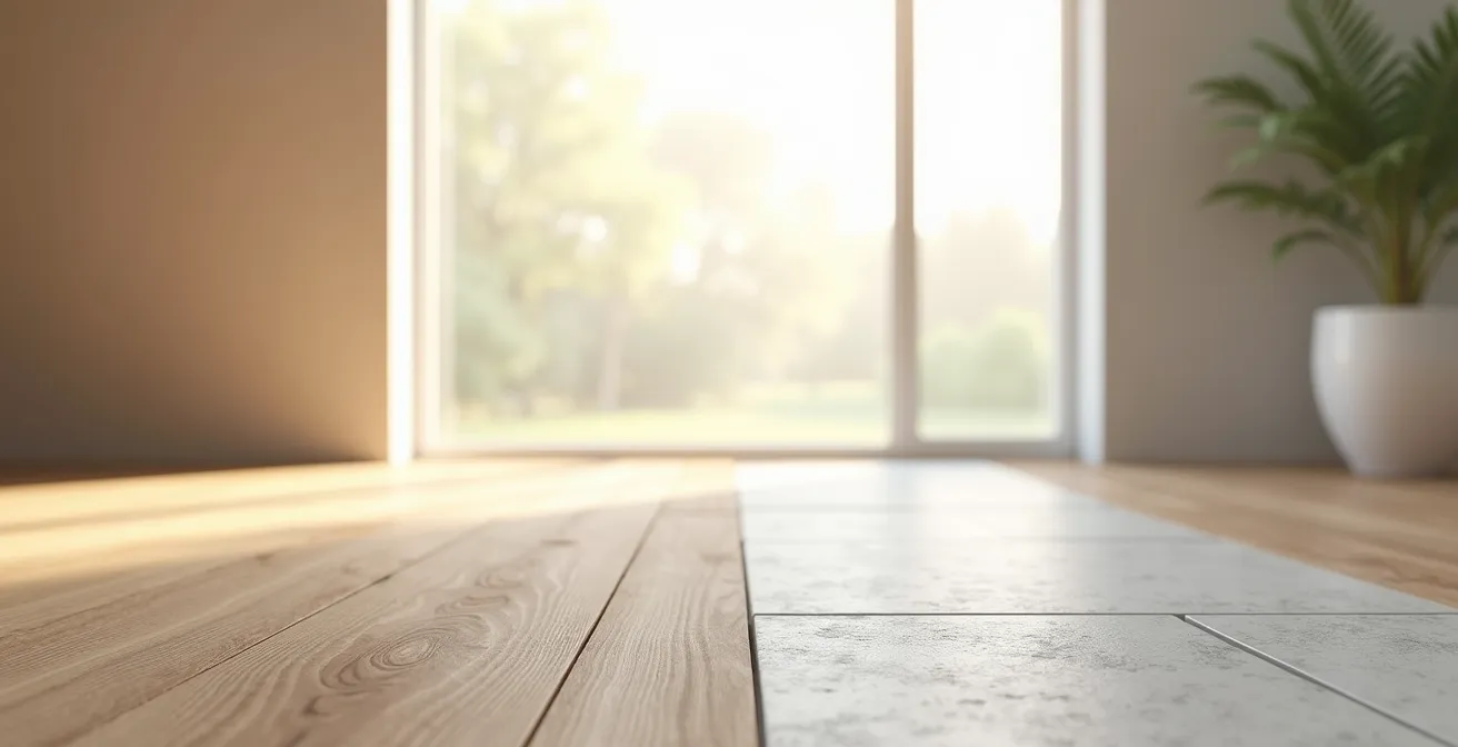 Composition visuelle opposant un parquet en chene clair et une pierre naturelle grise, symbolisant le duel esthetique entre deux materiaux nobles pour l'interieur