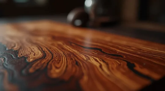 Morceau de bois de palissandre aux veines complexes et reflets chatoyants posé sur table d'ébéniste
