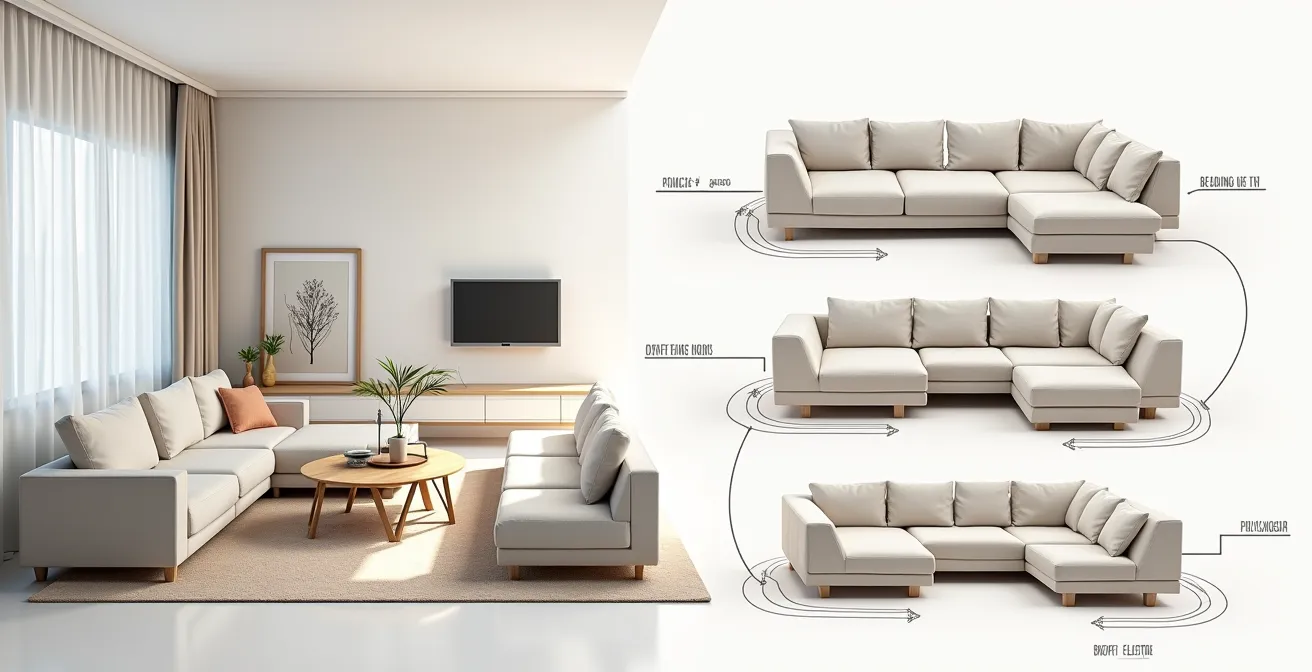 Illustration montrant différentes configurations de canapés dans un salon avec marquage des flux de circulation et zones d’activités