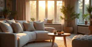 Un salon moderne avec un canapé élégant et confortable au centre, entouré d'accessoires de décoration harmonieux