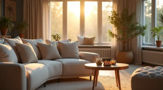 Un salon moderne avec un canapé élégant et confortable au centre, entouré d'accessoires de décoration harmonieux