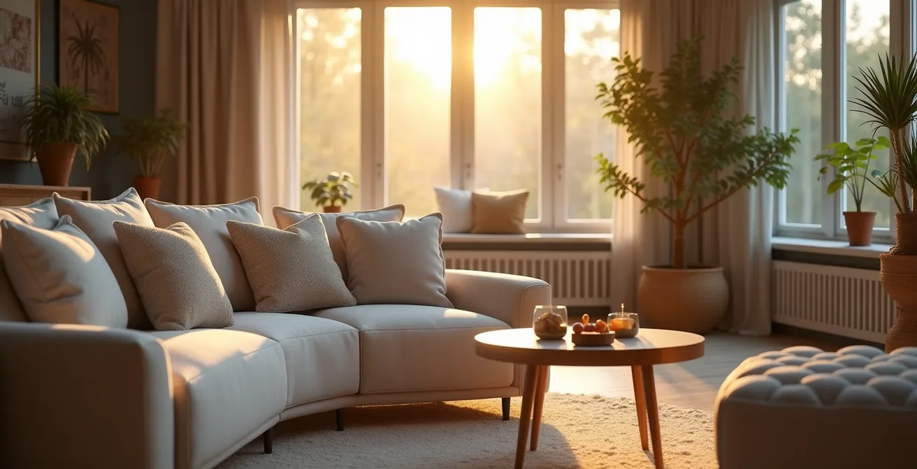 Un salon moderne avec un canapé élégant et confortable au centre, entouré d'accessoires de décoration harmonieux