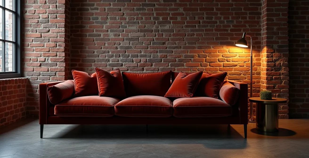 Canapé en velours dans un loft industriel avec mur en brique brute et éléments métal chromé