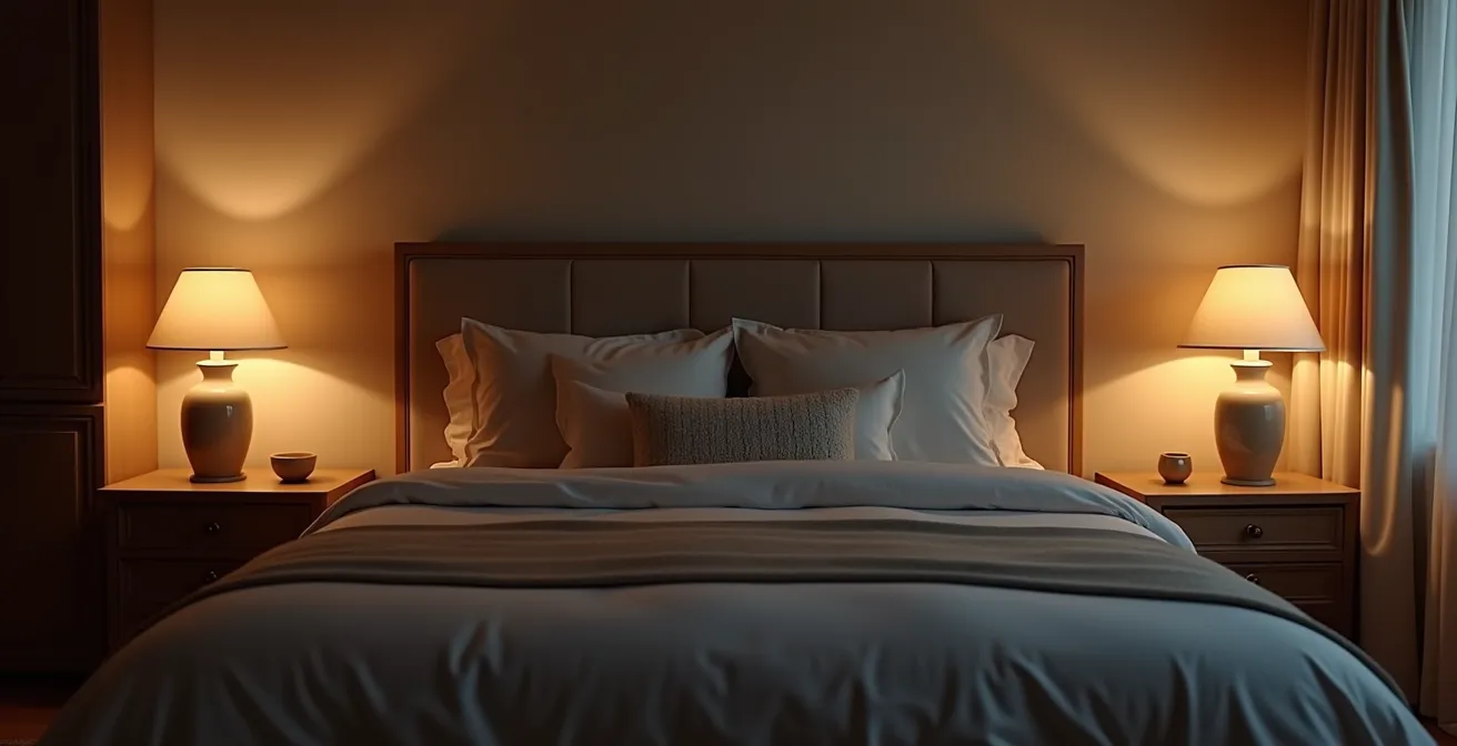 Chambre à coucher élégante et parfaitement symétrique avec mobilier, éclairage et textiles assortis
