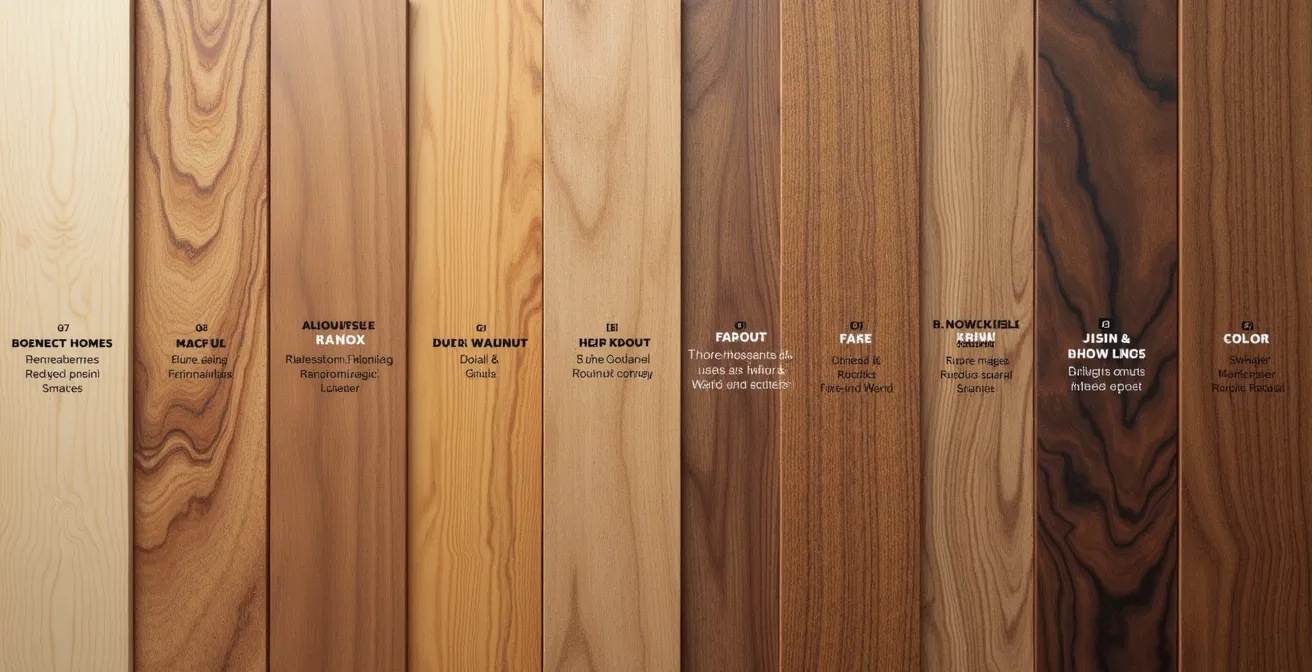 Échantillons de différentes essences de bois disposés selon leur usage : parquet, plan de travail, bibliothèque