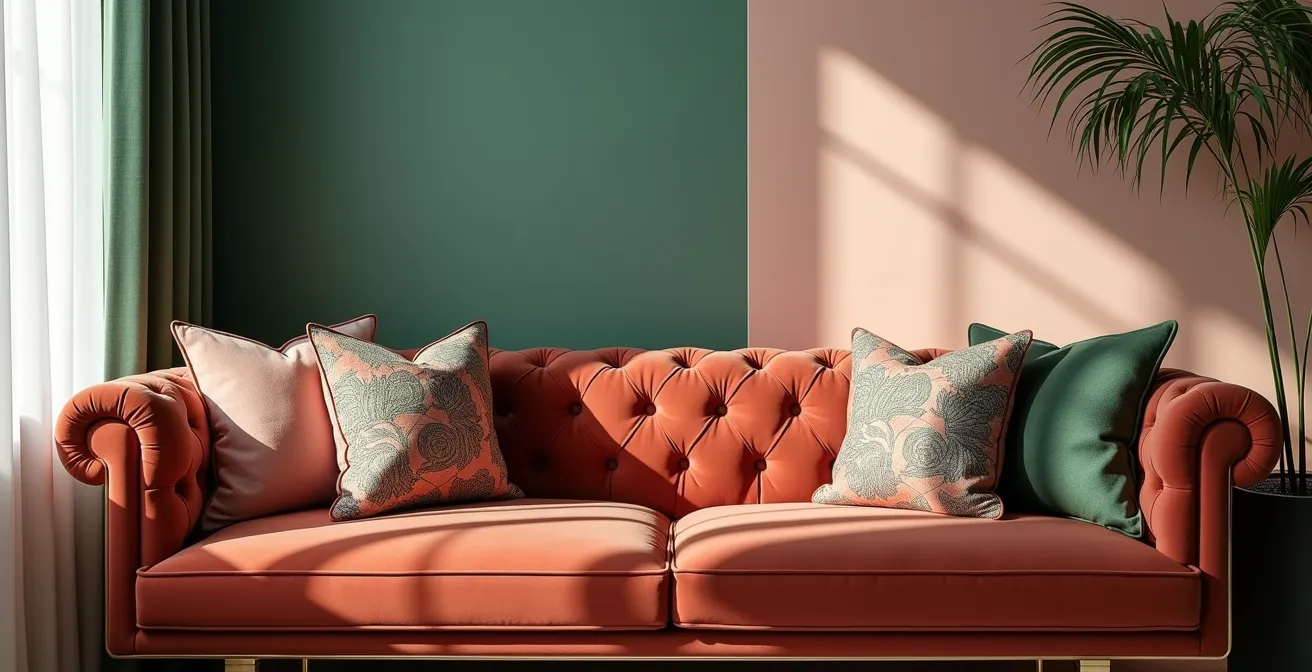 Palette de couleurs velours dans un salon chic montrant variations d'éclairage et motifs sophistiqués