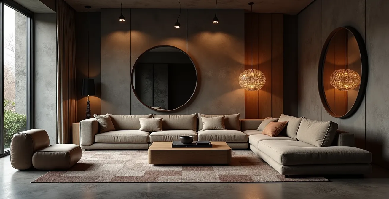 Intérieur moderne avec meubles modulaires, miroirs mal placés reflétant plusieurs perspectives et superposition de textures variées