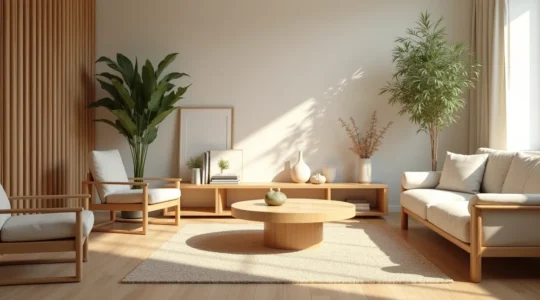 Intérieur moderne lumineux avec des matériaux naturels durables comme le bois, bambou, et linoléum, ambiance saine et écologique