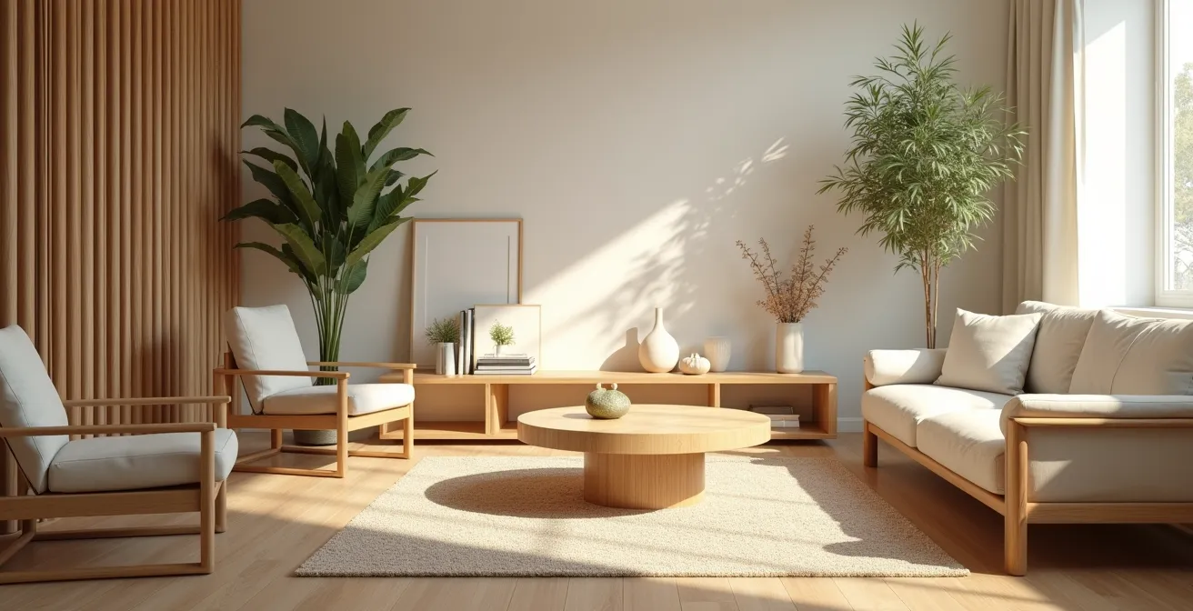 Intérieur moderne lumineux avec des matériaux naturels durables comme le bois, bambou, et linoléum, ambiance saine et écologique