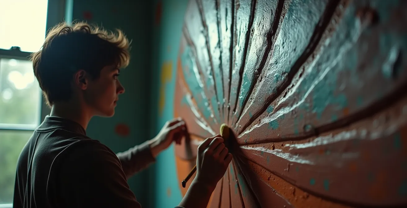 Mur décoré avec un motif éventail peint à la main avec des pochoirs et des dégradés de couleurs