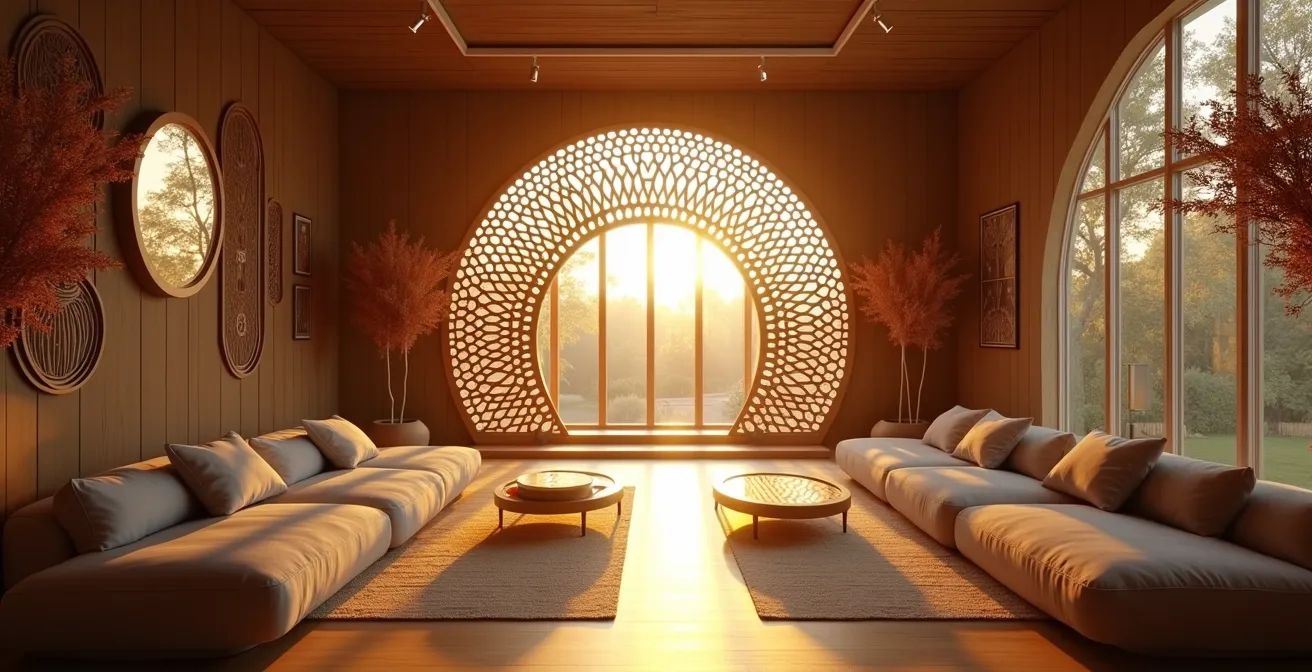 Design d’intérieur contemporain inspiré de la forme d’éventail intégrant des matériaux naturels et une atmosphère zen