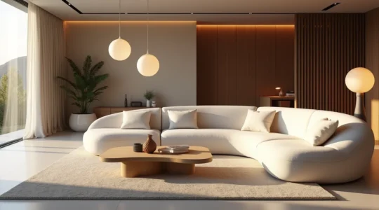 Salon moderne avec mobilier aux courbes organiques et lignes douces créant une ambiance apaisante