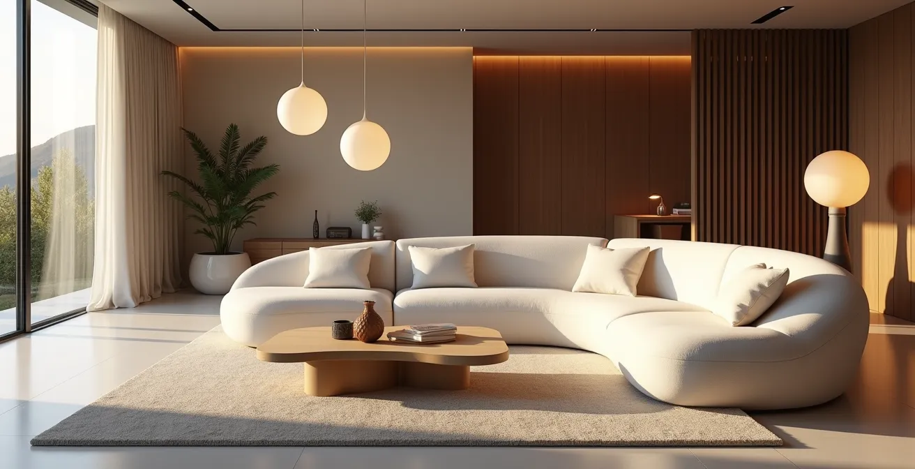 Salon moderne avec mobilier aux courbes organiques et lignes douces créant une ambiance apaisante