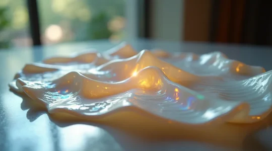 Gros plan sur un détail de nacre aux reflets irisés illuminant un intérieur élégant et contemporain