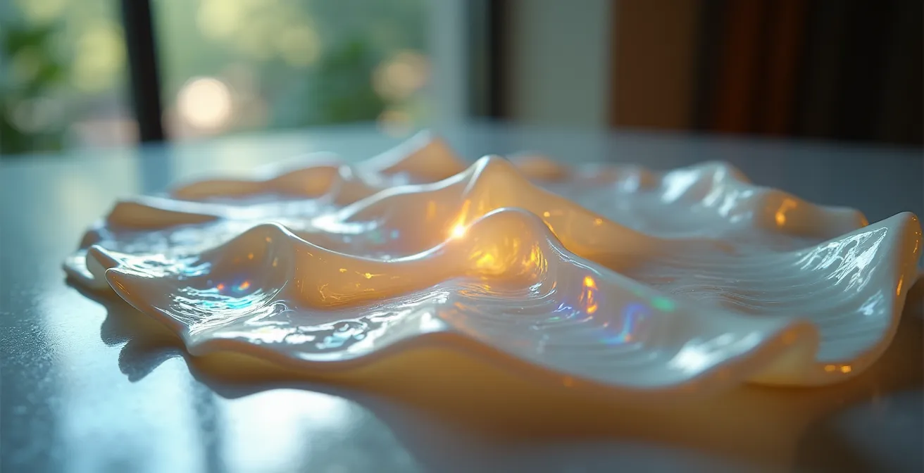 Gros plan sur un détail de nacre aux reflets irisés illuminant un intérieur élégant et contemporain