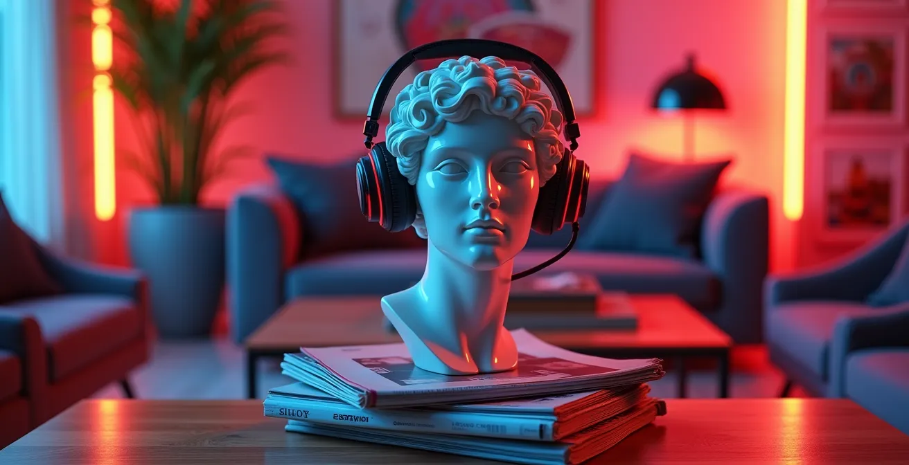 Buste grec stylisé dans un intérieur contemporain avec casque audio coloré et éléments de décoration pop art