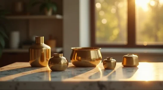 Composition décorative avec éléments en laiton poli, brossé et vieilli sur fond élégant