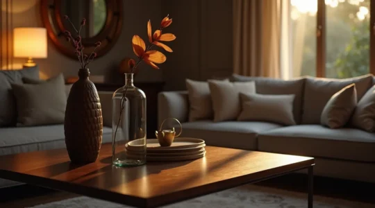 Intérieur élégant avec des matériaux nobles, une lumière tamisée et des touches discrètes de brillance, créant une ambiance glamour sobre.