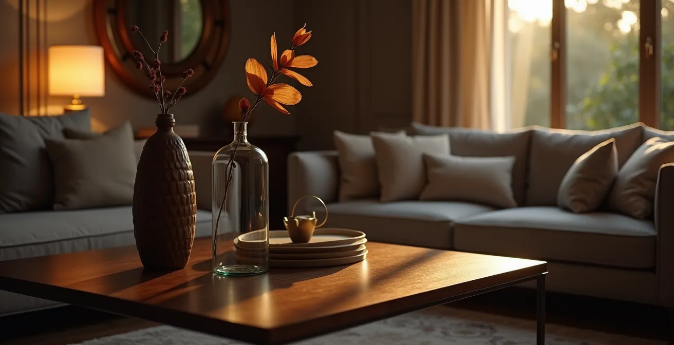 Intérieur élégant avec des matériaux nobles, une lumière tamisée et des touches discrètes de brillance, créant une ambiance glamour sobre.