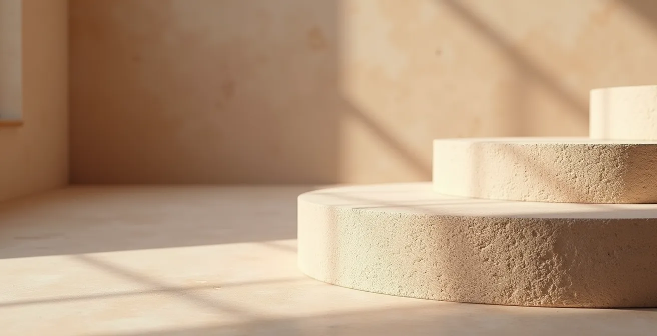 Présentation artistique des textures et couleurs des enduits béton ciré, tadelakt, et chaux dans un intérieur moderne