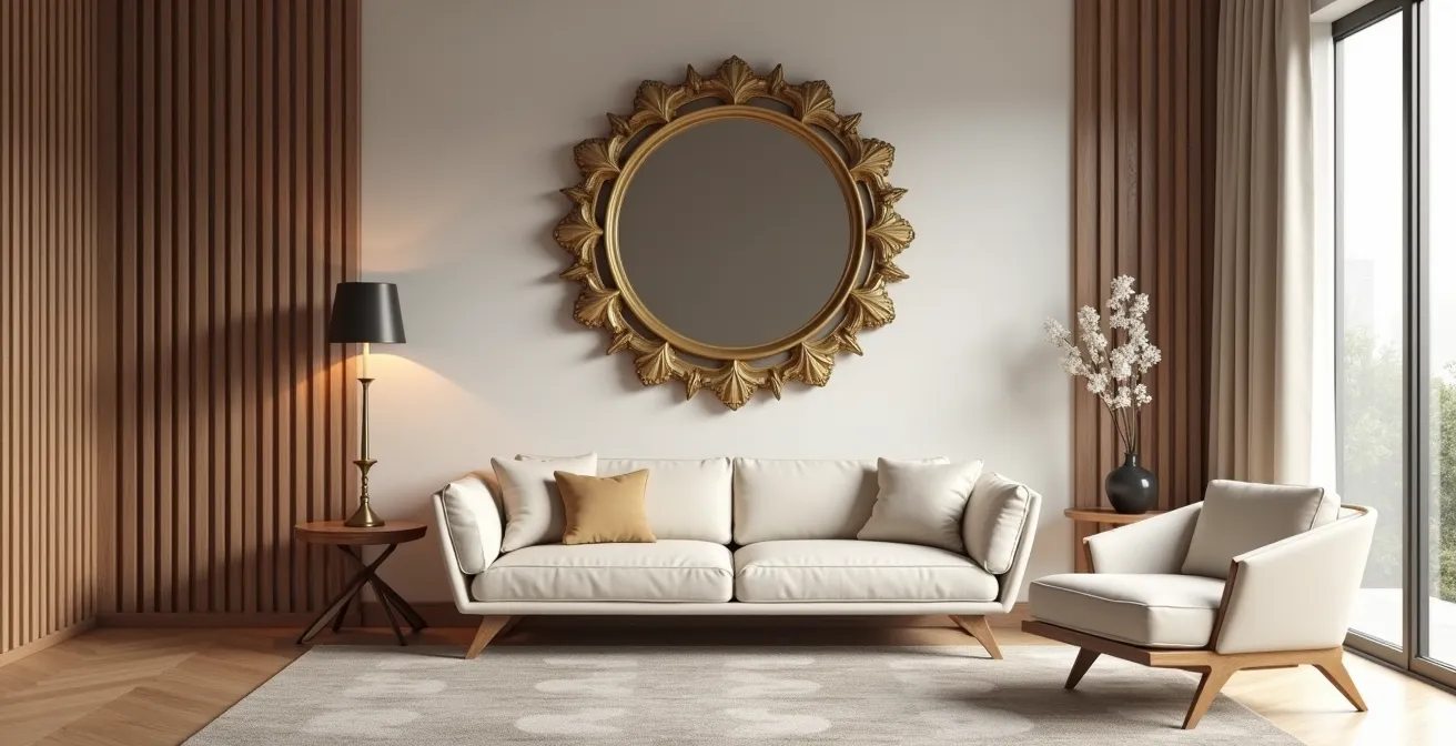Illustration de trois espaces reliés par un 'pont temporel' : meuble baroque, lampe Art déco, canapé mid-century, unifiés par une matière dominante.