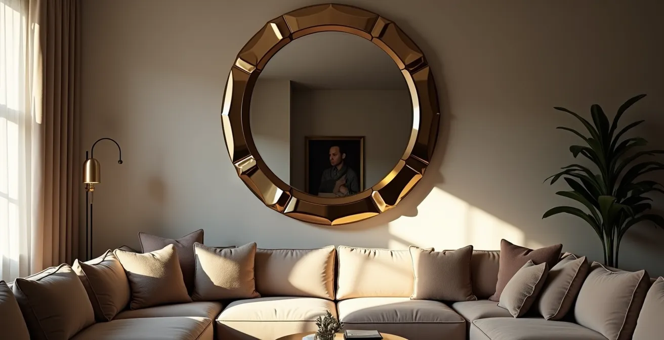Un grand miroir géométrique Art déco comme pièce maîtresse dans un salon lumineux.
