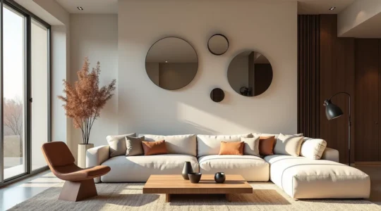 Salon moderne avec mobilier géométrique sculptant harmonieusement l'espace intérieur