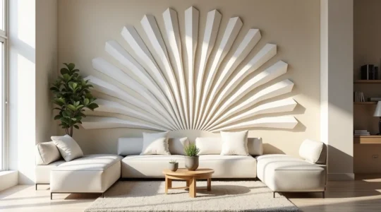 Motif éventail graphique élégant et dynamique décorant un mur moderne et lumineux