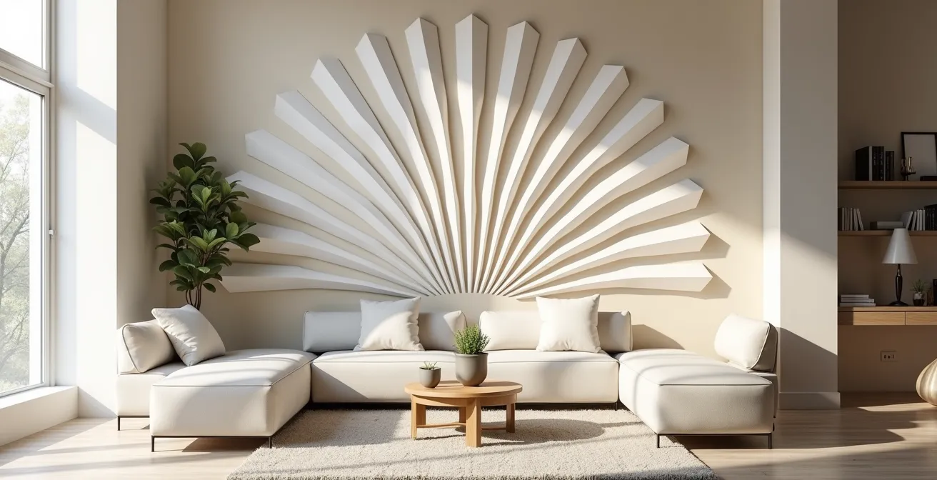 Motif éventail graphique élégant et dynamique décorant un mur moderne et lumineux