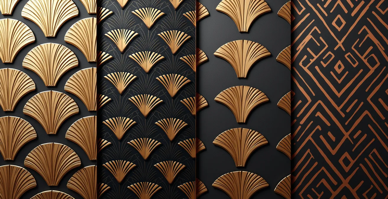 Collection de motifs Art déco emblématiques : éventail stylisé, arches géométriques et chevrons dorés sur fond sombre