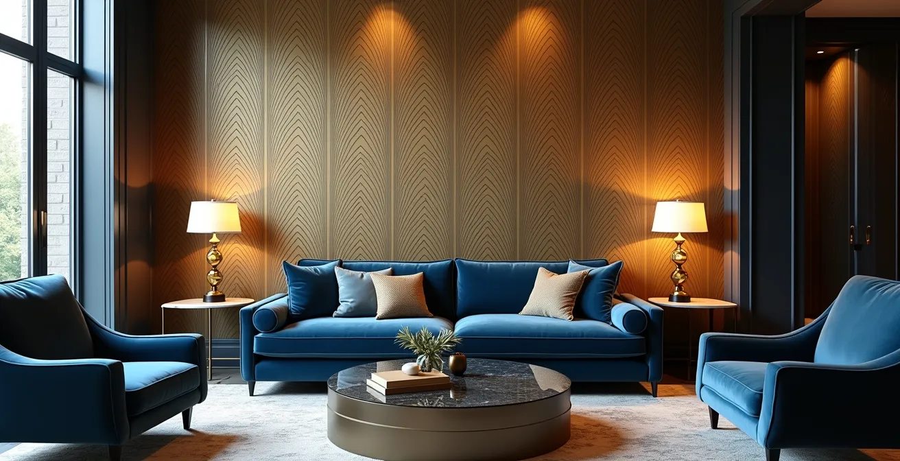 Salon sophistiqué avec mur d'accent papier peint à motif éventail Art déco doré, associé à mobilier velours et accessoires laiton