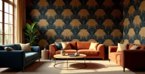 Salon élégant avec papier peint Art déco aux motifs géométriques dorés et éventails stylisés