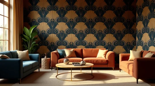 Salon élégant avec papier peint Art déco aux motifs géométriques dorés et éventails stylisés