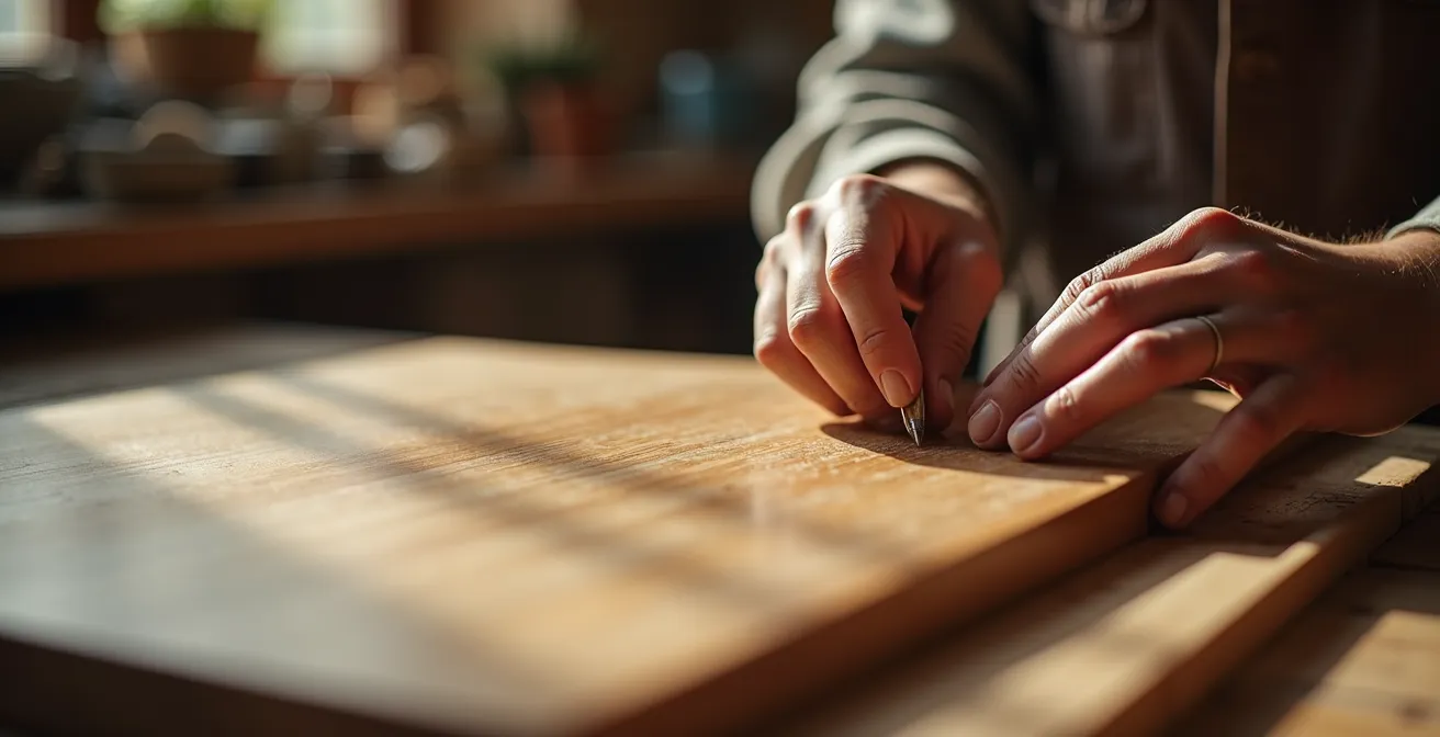 Artisan ébéniste appliquant un placage de bois précieux sur un panneau avec ses outils professionnels