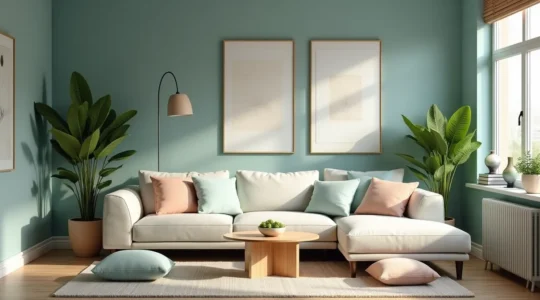 Une pièce intérieure harmonieuse illustrant la psychologie des couleurs avec des nuances douces et apaisantes qui créent une ambiance de bien-être chaleureux