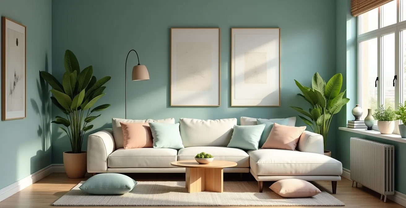 Une pièce intérieure harmonieuse illustrant la psychologie des couleurs avec des nuances douces et apaisantes qui créent une ambiance de bien-être chaleureux