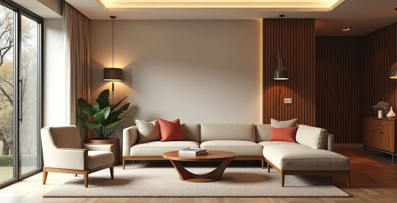 Salon moderne avec parfait équilibre entre mobilier vintage Art déco et éléments contemporains
