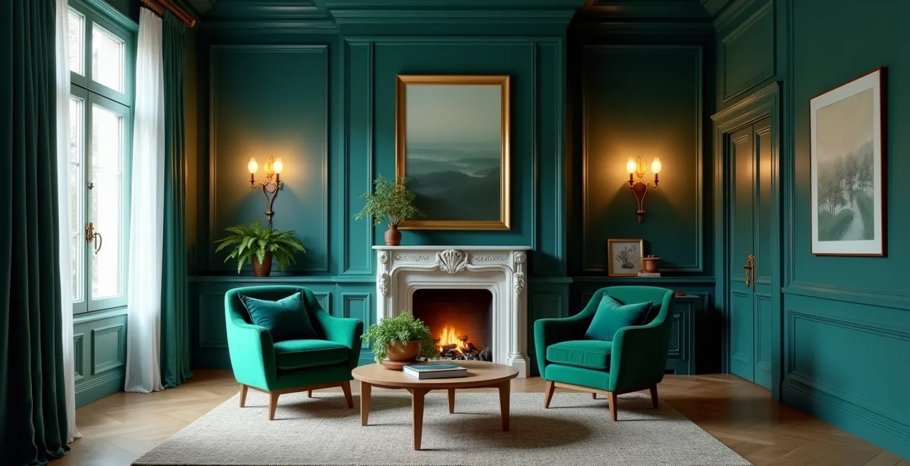 Salon lumineux avec une palette de couleurs froides saturées, ambiance cocooning et feutrée