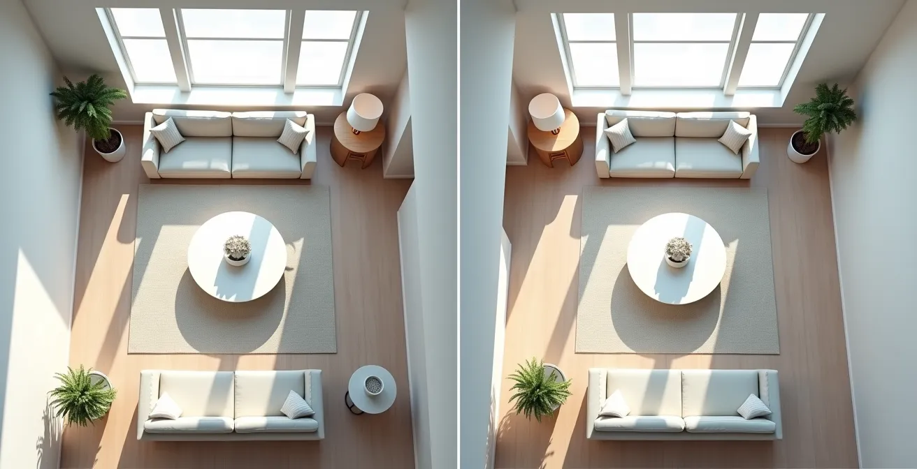 Comparaison visuelle entre symétrie axiale et centrale dans l'aménagement d'un salon moderne