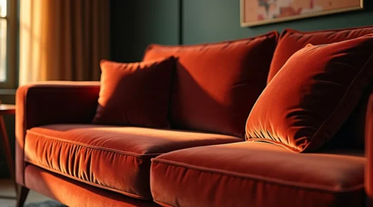 Canapé en velours luxueux dans un salon élégant avec un jeu de lumière douce mettant en valeur la texture riche du tissu