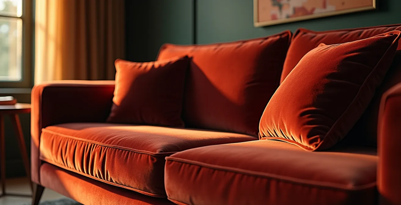 Canapé en velours luxueux dans un salon élégant avec un jeu de lumière douce mettant en valeur la texture riche du tissu