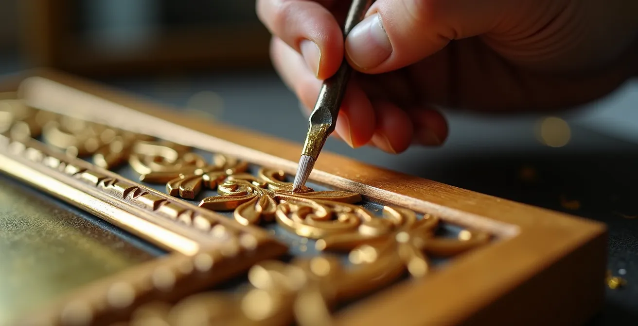 Mains d'artisan appliquant délicatement une feuille d'or sur un cadre en bois