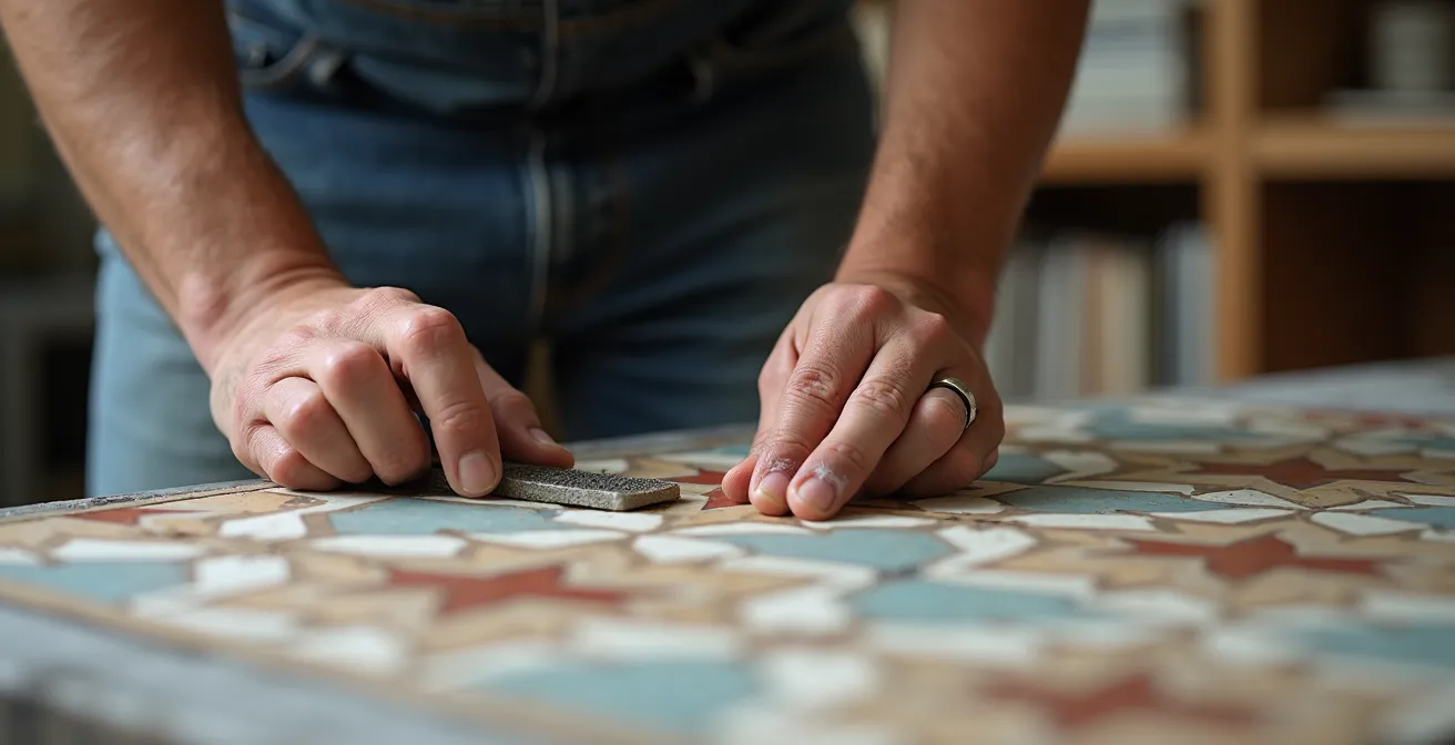 Artisan carreleur posant des carreaux de ciment avec la technique du double encollage