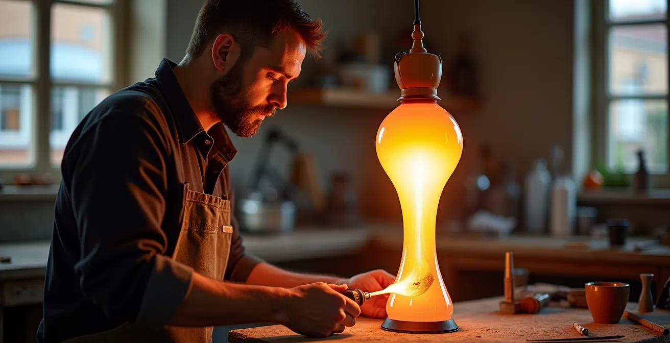 Artisan souffleur de verre travaillant sur un luminaire sculptural dans son atelier
