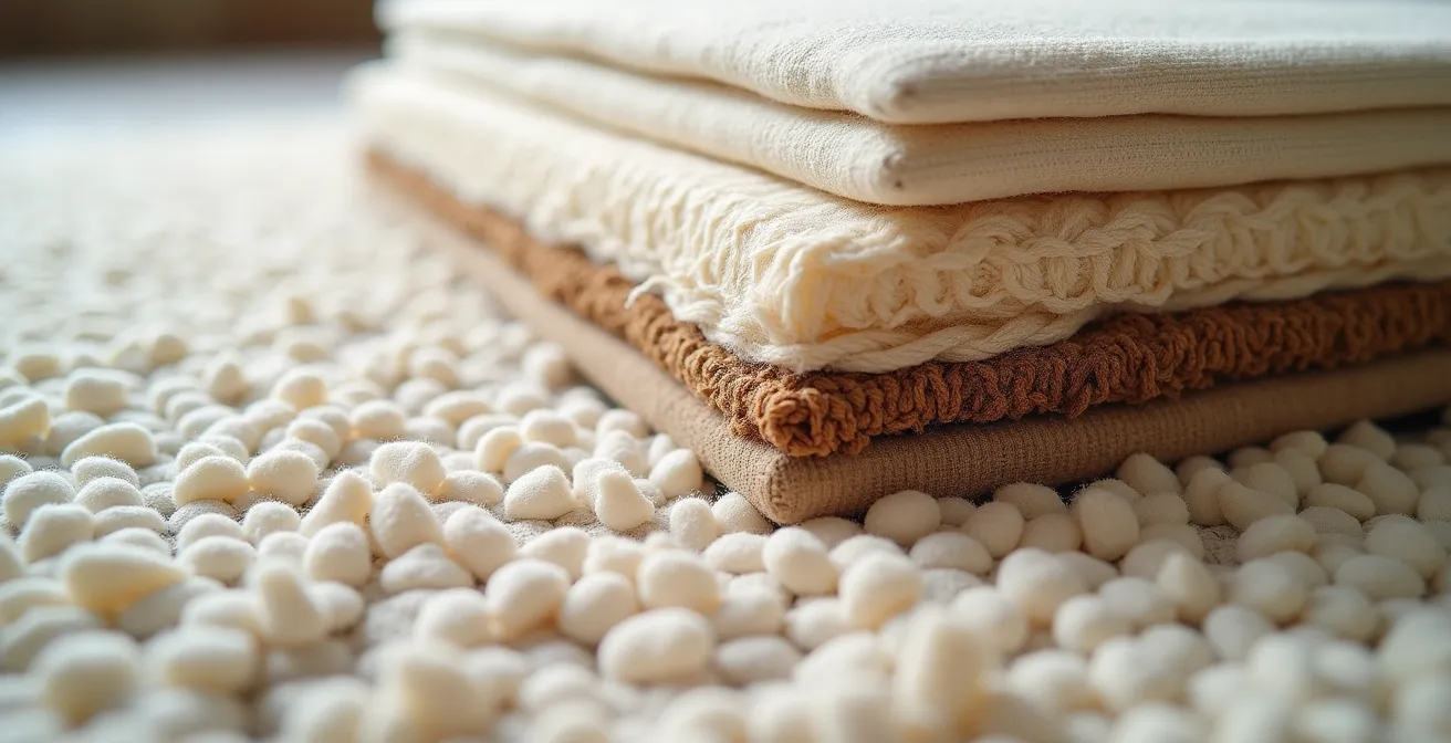 Superposition de couches confortables avec tapis berbère, matelas de sol et coussins créant une base structurée